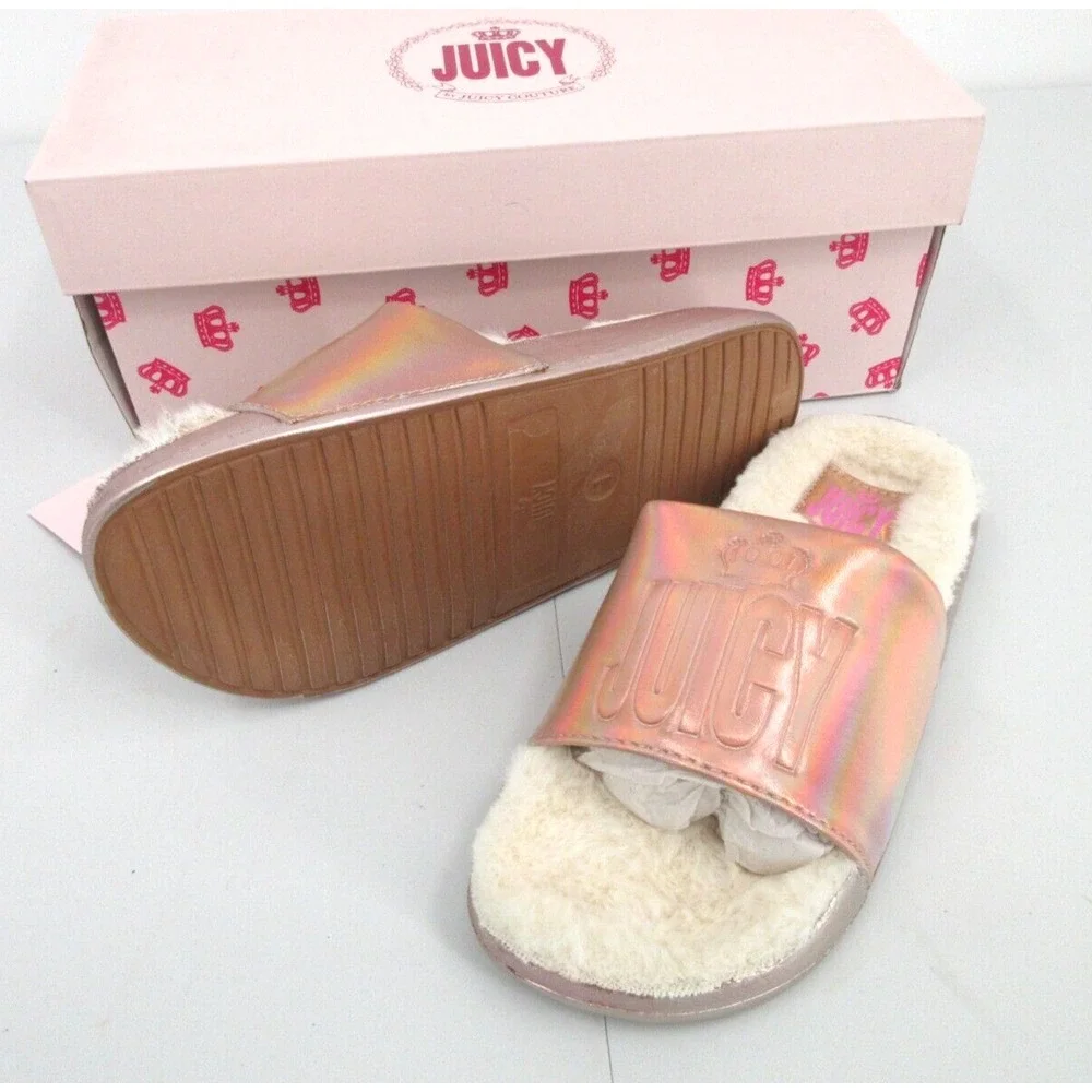 JUICY BY JUICY COUTURE TARZANA ROSE GOLD FUR LINED SLIDES Girl's Sz 1 NEW IN BOX